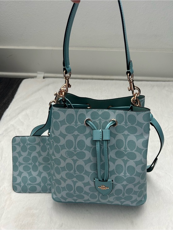 Coach Handbags - Coach Teal Signature Drawstring Bucket Bag with Pouch
